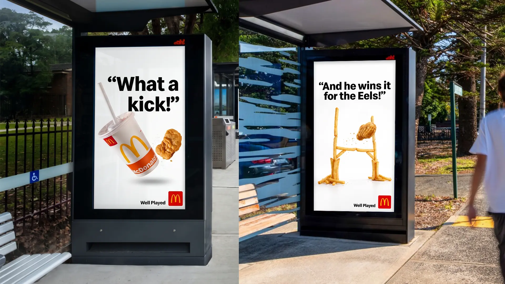 Two bus shelter posters: a flying McDonald's cup for 'What a kick!' and a fries goal post for 'And he wins it for the Eels!'