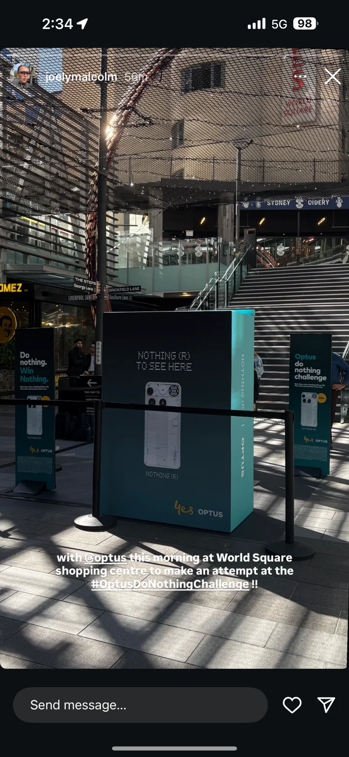 Instagram story showing the Optus activation at World Square