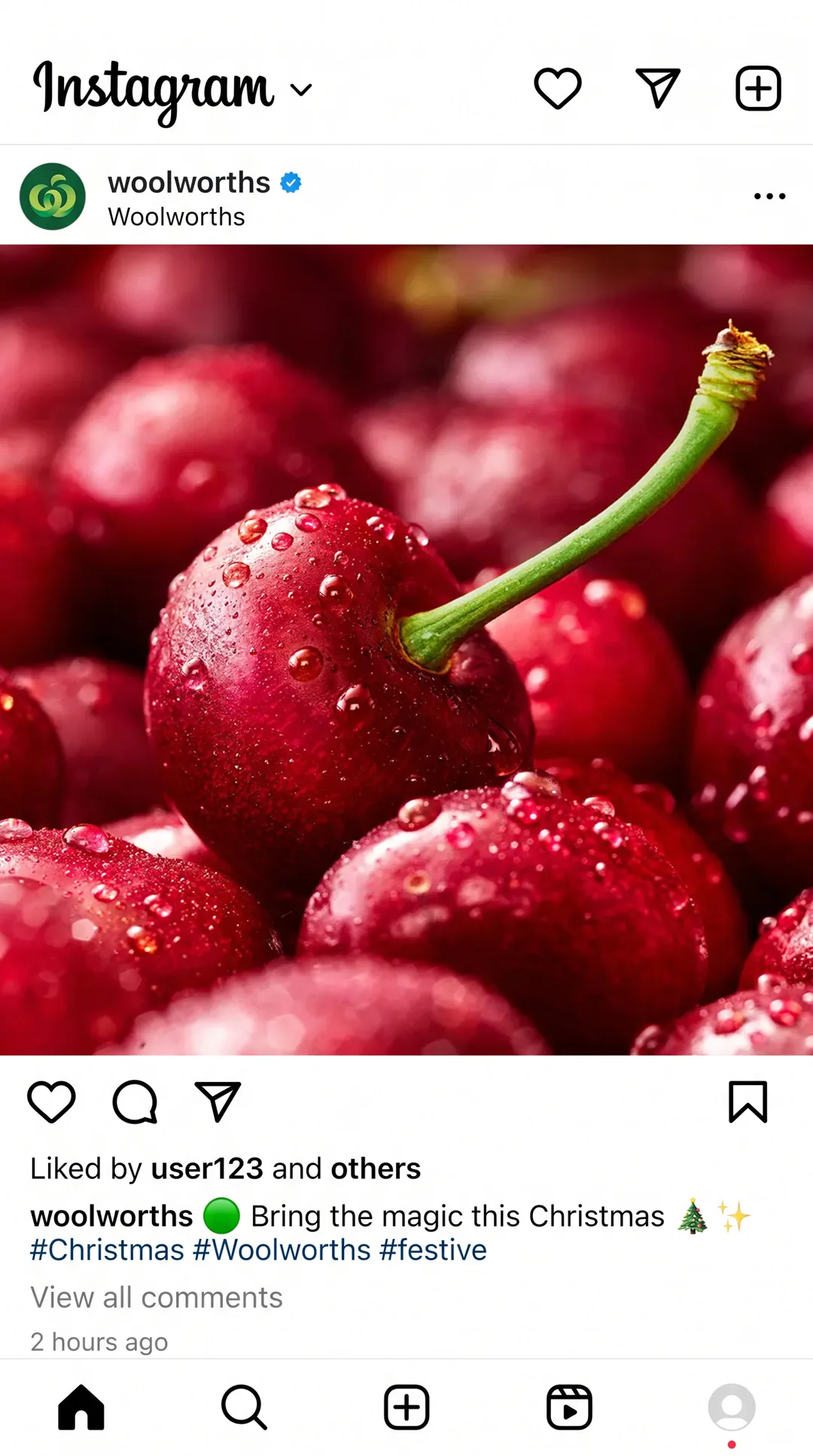 Woolworths Instagram Christmas post featuring cherries and Taste the magic typography