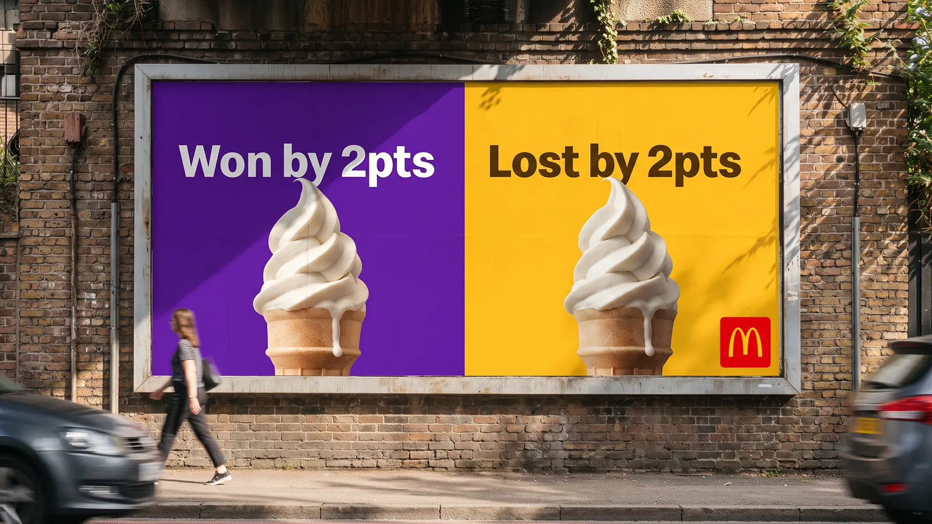 Won by 2pts, Lost by 2pts billboard: two McDonald's soft-serve cones, one winning and one melting