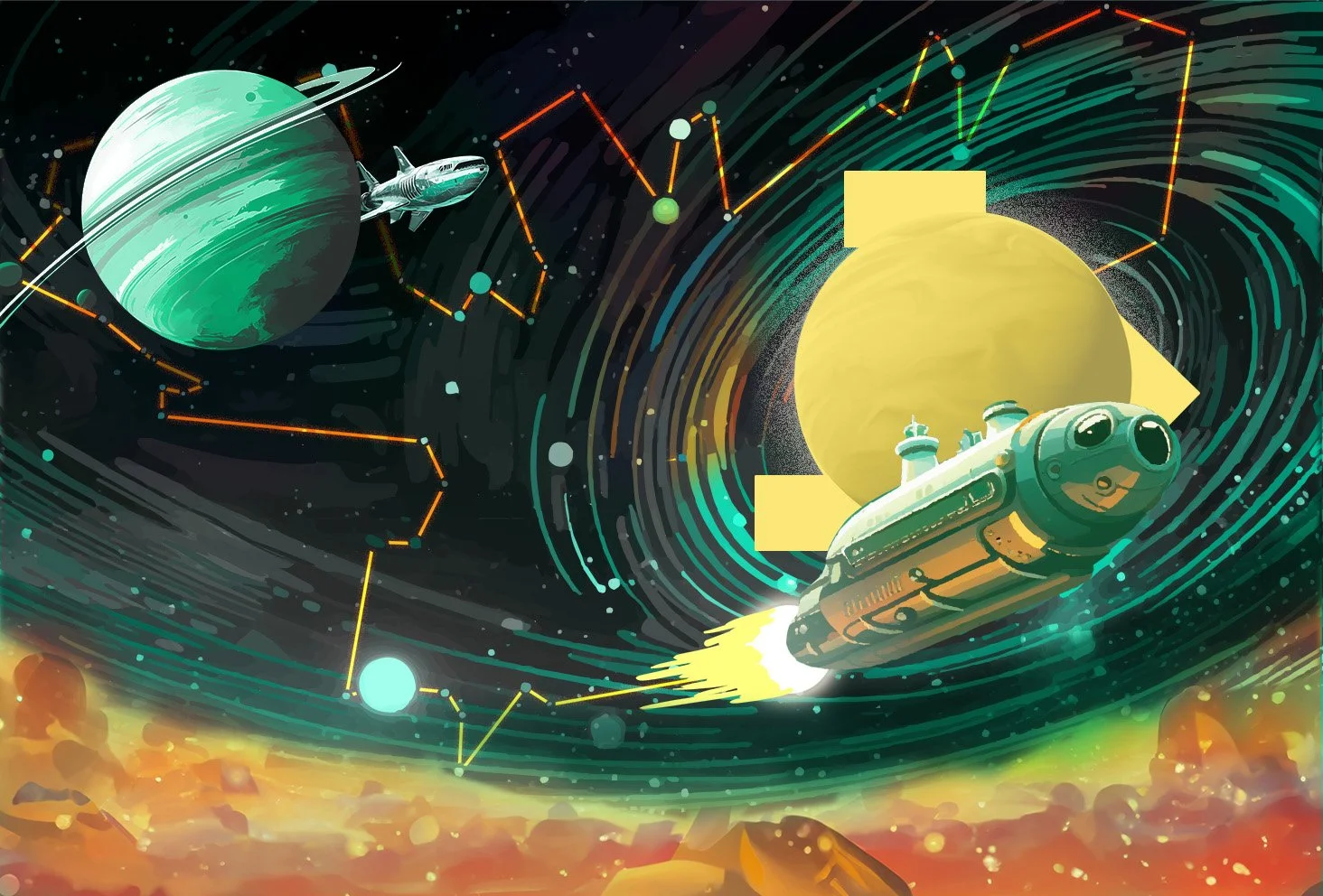 Make uncommon sense artwork: a retro submarine spaceship circling a yellow planet in deep space