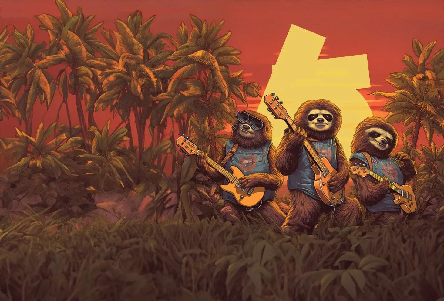 Roll as one artwork: three sloths with guitars walking through a jungle at sunset