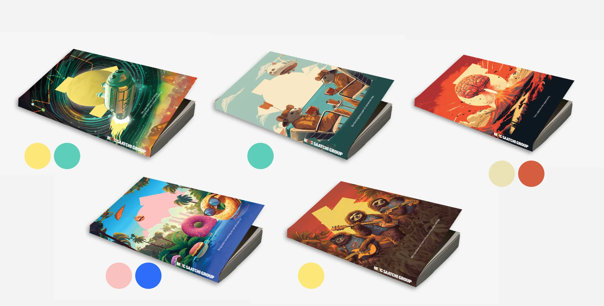 M+C Saatchi Group business cards, each value artwork with its own colour pairing