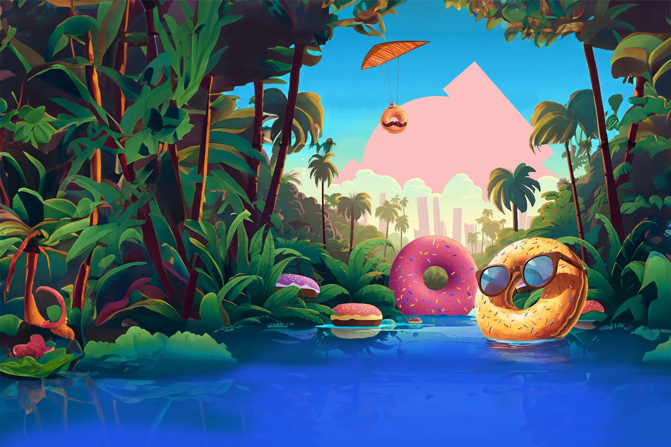 Walk in other worlds artwork: a jungle lagoon of giant donuts and a parachuting pastry