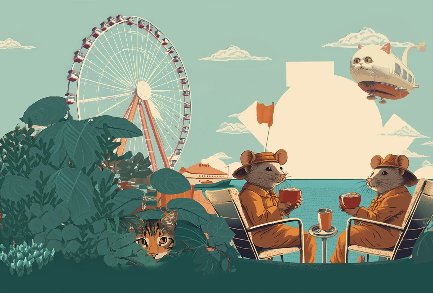 Be excellent to each other artwork: two mice in safari gear sharing tea by a ferris wheel