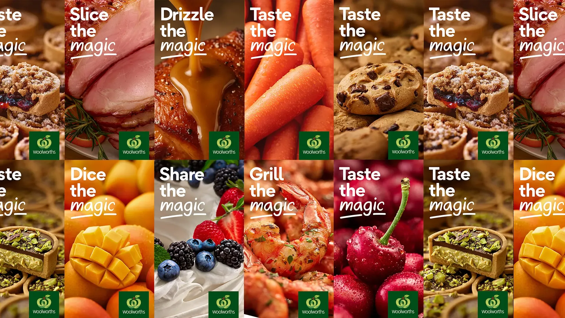 Woolworths Christmas campaign artwork collection with food imagery and the magic headlines