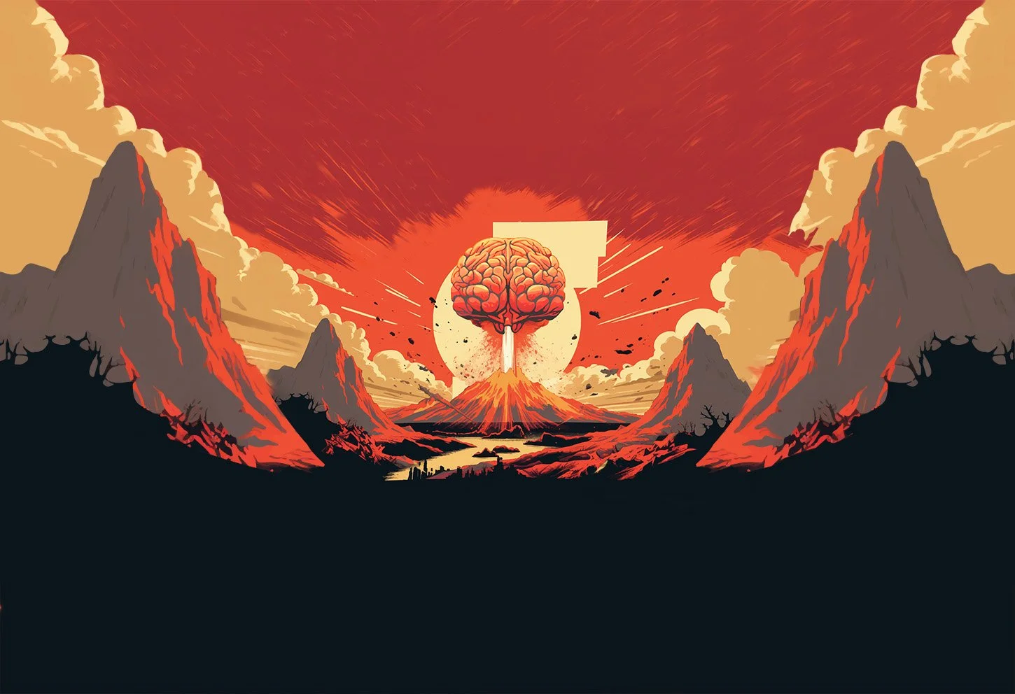 Run towards the fire artwork: a brain erupting like a volcano over a red mountain range