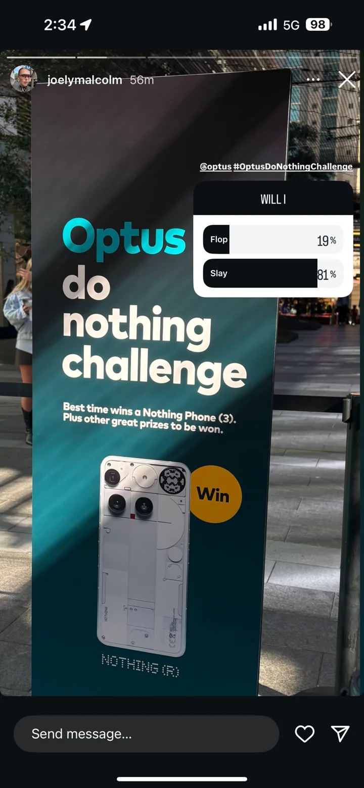 Instagram story introducing the Optus do nothing challenge