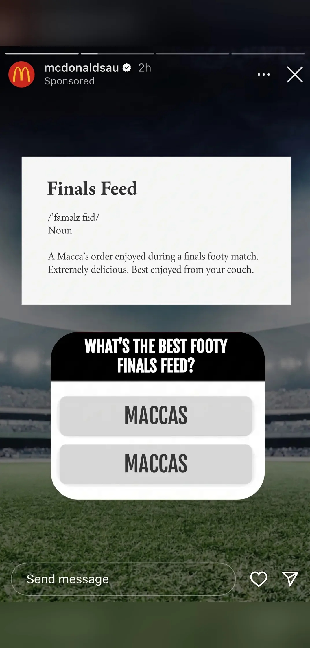 Finals Feed Instagram story: the dictionary definition of a Finals Feed above a poll asking what the best footy finals feed is, with MACCAS as both options